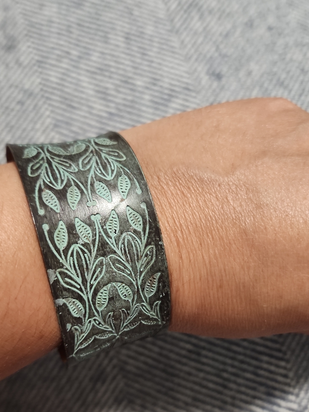 Patina Green Etched Metal Cuff Bracelet